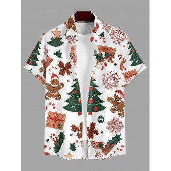 Men's Holiday Shirt Christmas Tree Gingerbread Man Print Button Up Shirt