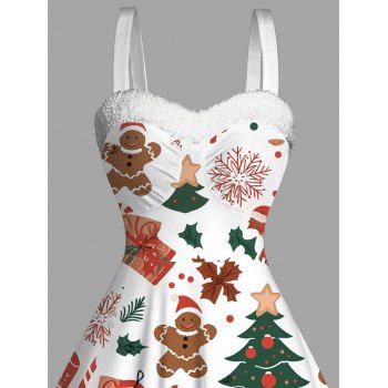 Holiday Dress Christmas Tree Gingerbread Man Print Faux Fur Dress