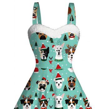 Holiday Dress Dog with Hat Christmas Tree Print Faux Fur Dress