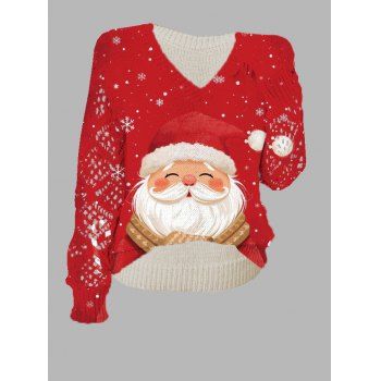 Christmas Knitwear Top Santa Claus Snowflake Print Hollow Out Sweater