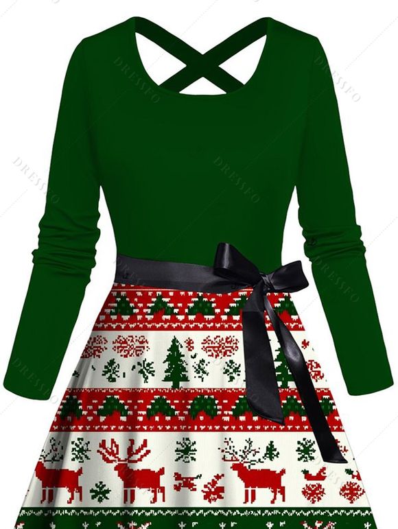 Robe de vacances Elk Sapin de Noël Imprimé rayé Colorblock Robe croisée avec ceinture - Vert S | US 4