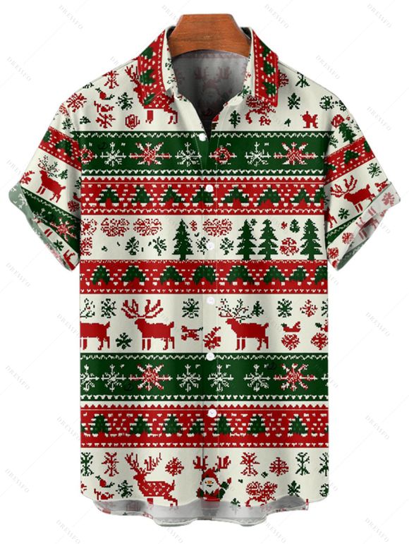 Chemise de vacances pour homme, imprimé élan, sapin de Noël, rayé, boutonné - Vert L