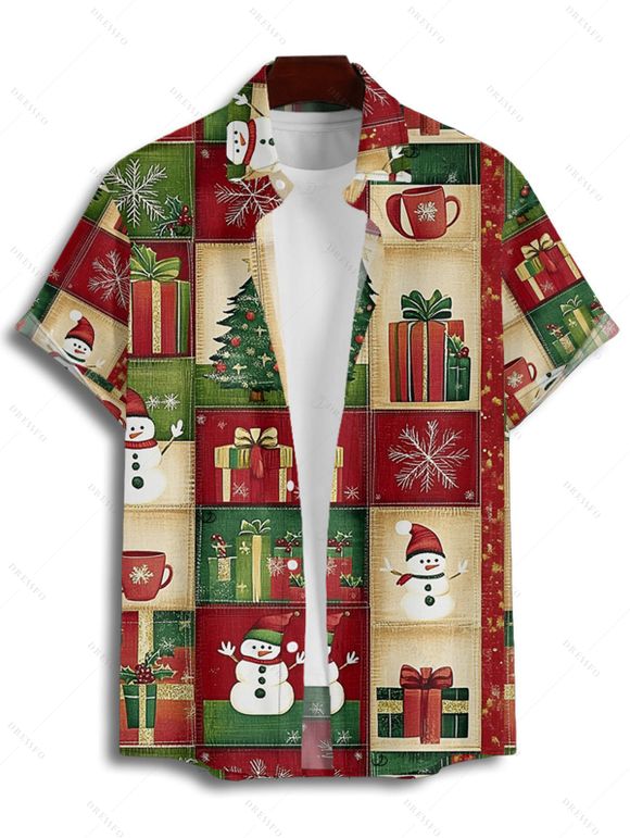 Chemise de Noël pour homme, imprimé flocon de neige et bonhomme de neige, à boutons - Rouge M