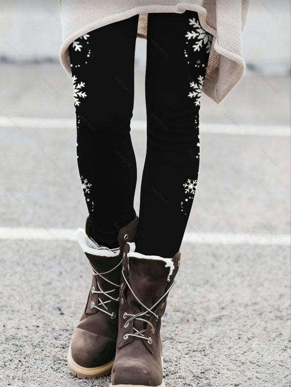 Leggings de Noël taille haute élastiques à imprimé flocon de neige - Noir S | US 4