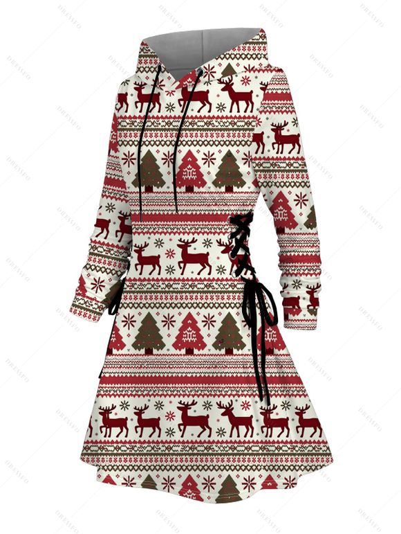 Robe à capuche ethnique, imprimé sapin de Noël, élan, flocon de neige, robe à capuche à lacets - Blanc M | US 6