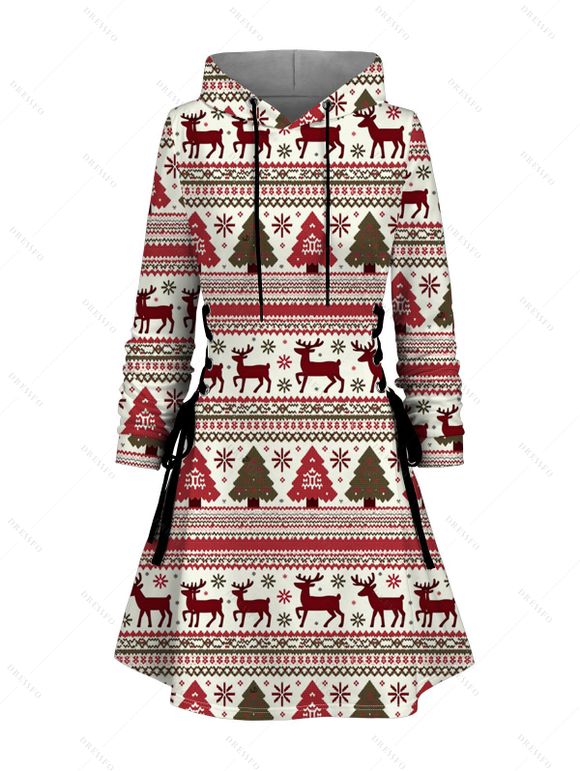 Robe à capuche ethnique, imprimé sapin de Noël, élan, flocon de neige, robe à capuche à lacets - Blanc L | US 8-10