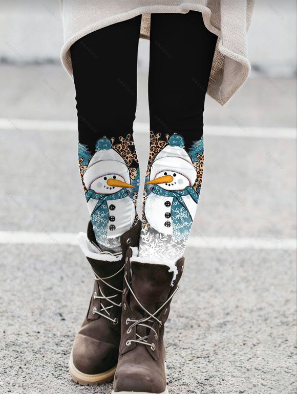Leggings de Noël, flocons de neige, bonhomme de neige, imprimé léopard, leggings skinny - Noir M | US 6