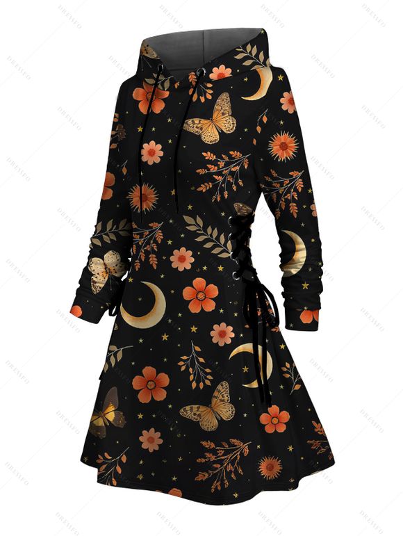 Robe à capuche de vacances à imprimé floral, feuille, papillon, étoile, à lacets - Noir XXXXXL | US 20