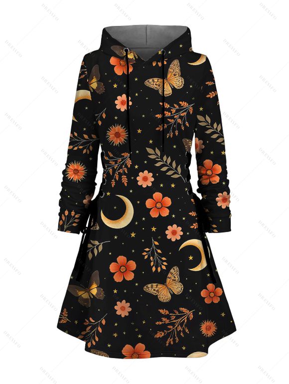 Robe à capuche de vacances à imprimé floral, feuille, papillon, étoile, à lacets - Noir M | US 6