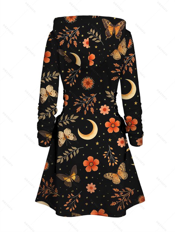 Robe à capuche de vacances à imprimé floral, feuille, papillon, étoile, à lacets - Noir M | US 6