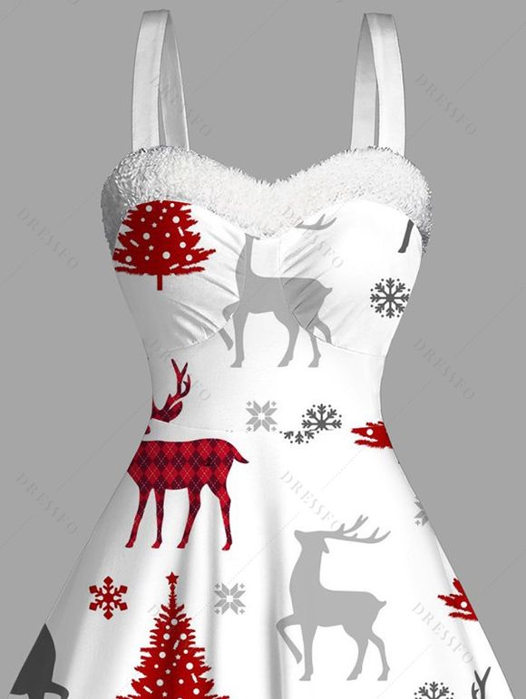 Robe de vacances en fausse fourrure avec imprimé sapin de Noël, élan et flocon de neige - Blanc L | US 8-10