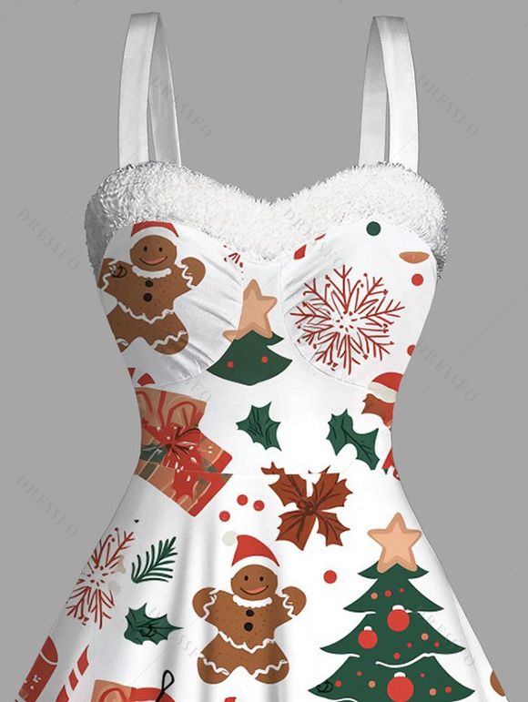 Robe de vacances en fausse fourrure avec imprimé sapin de Noël et bonhomme en pain d'épices - Blanc L | US 8-10