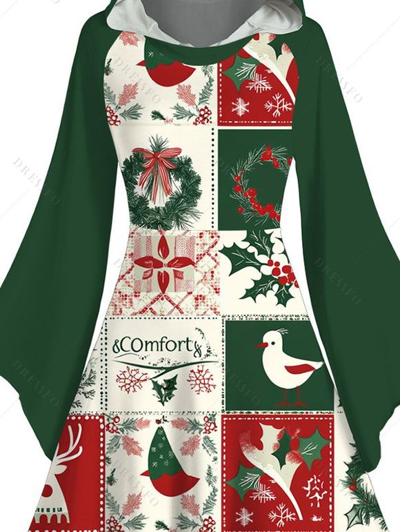 Robe à capuche de vacances Colorblock Éléments de Noël Imprimé couronne Robe haute basse - Vert profond XXXXXL | US 20