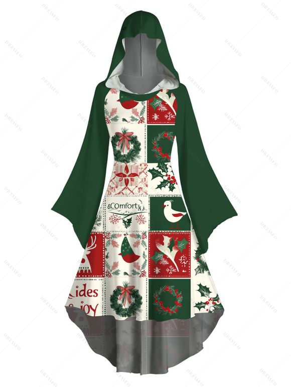 Robe à capuche de vacances Colorblock Éléments de Noël Imprimé couronne Robe haute basse - Vert profond XXXXXL | US 20