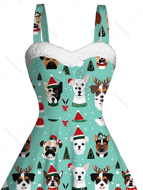Robe de vacances pour chien avec chapeau, robe en fausse fourrure à imprimé sapin de Noël - Turquoise L | US 8-10