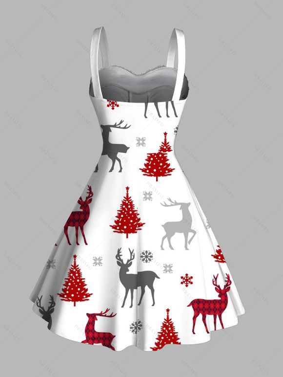 Holiday Couple Outfit Christmas Tree Elk Print Faux Fur Dress and Shirt Set - Blanc S | US 4