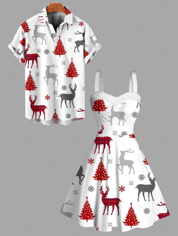 Holiday Couple Outfit Christmas Tree Elk Print Faux Fur Dress and Shirt Set - Blanc S | US 4
