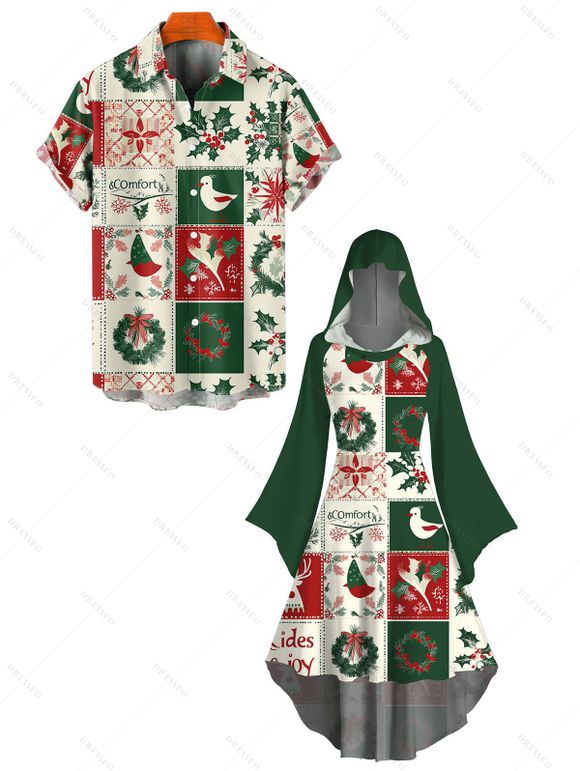 Holiday Couple Outfit Colorblock Christmas Elements Print Hoodie Dress and Shirt Set - Vert profond S | US 4