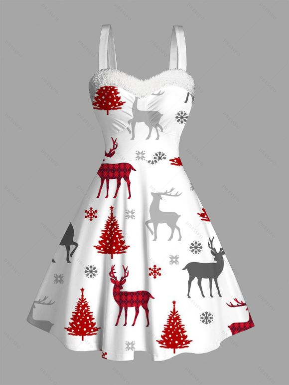 Holiday Couple Outfit Christmas Tree Elk Print Faux Fur Dress and Shirt Set - Blanc S | US 4