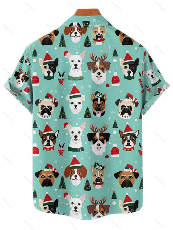 Holiday Couple Outfit Dog Hat Christmas Tree Print Faux Fur Dress and Shirt Set - Turquoise S | US 4