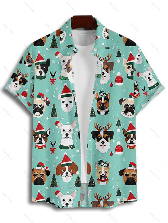 Holiday Couple Outfit Dog Hat Christmas Tree Print Faux Fur Dress and Shirt Set - Turquoise S | US 4