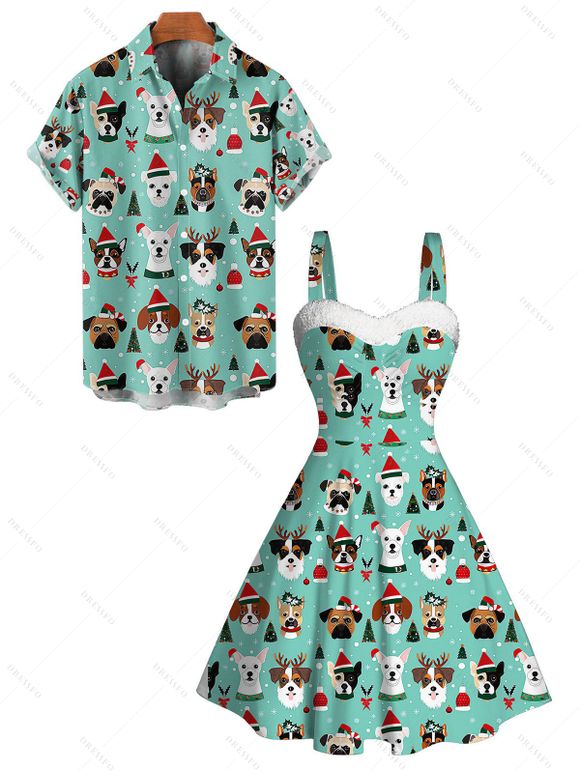 Holiday Couple Outfit Dog Hat Christmas Tree Print Faux Fur Dress and Shirt Set - Turquoise S | US 4