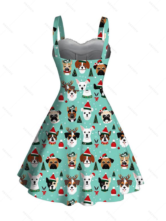 Holiday Couple Outfit Dog Hat Christmas Tree Print Faux Fur Dress and Shirt Set - Turquoise S | US 4