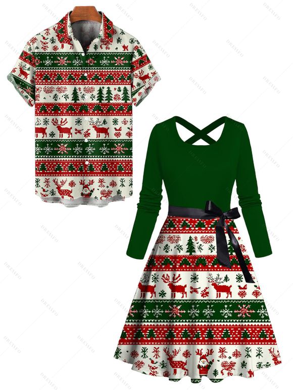 Holiday Couple Outfit Elk Christmas Tree Striped Print Crossover Belt Dress and Shirt Set - Vert profond S | US 4