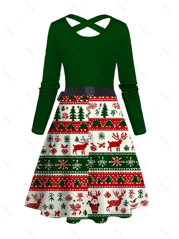 Holiday Couple Outfit Elk Christmas Tree Striped Print Crossover Belt Dress and Shirt Set - Vert profond S | US 4