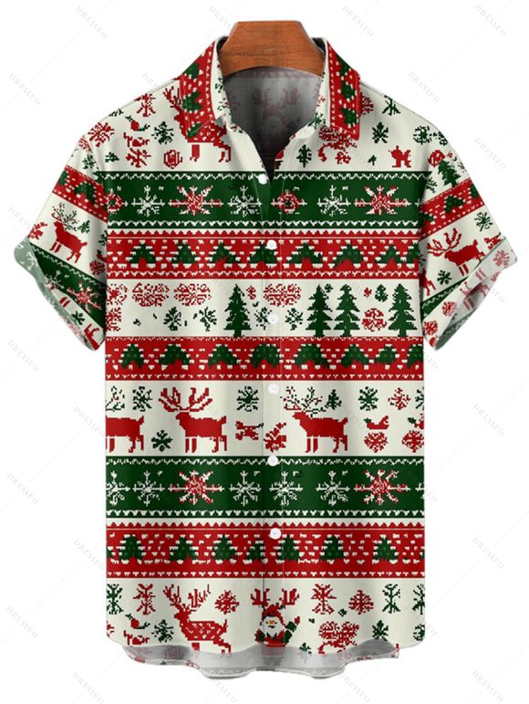 Holiday Couple Outfit Elk Christmas Tree Striped Print Crossover Belt Dress and Shirt Set - Vert profond S | US 4