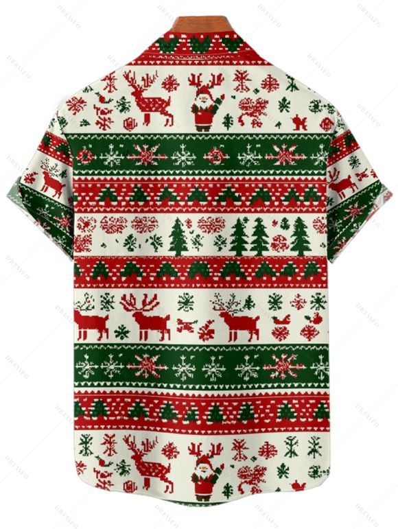 Holiday Couple Outfit Elk Christmas Tree Striped Print Crossover Belt Dress and Shirt Set - Vert profond S | US 4