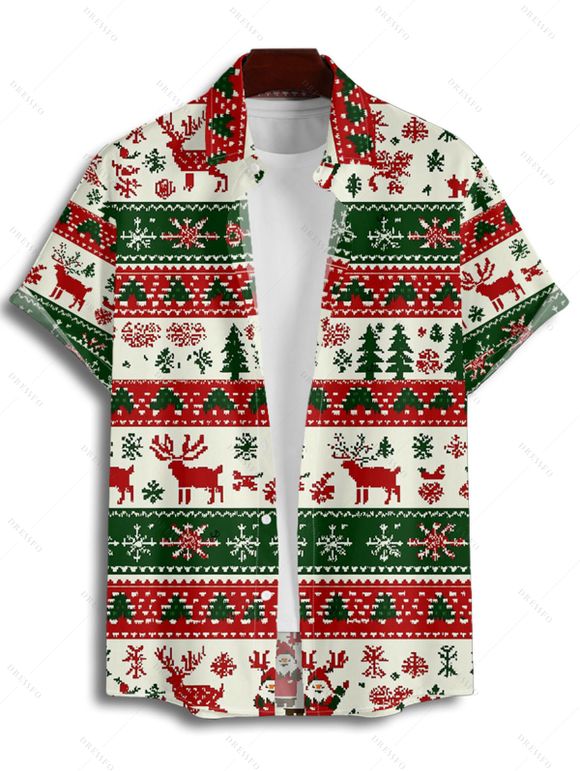 Holiday Couple Outfit Elk Christmas Tree Striped Print Crossover Belt Dress and Shirt Set - Vert profond S | US 4