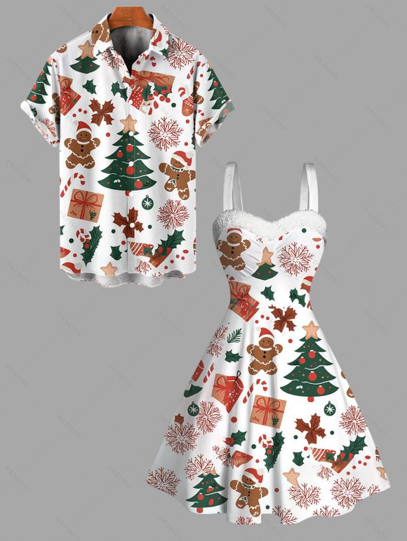 Holiday Couple Outfit Christmas Tree Gingerbread Man Print Faux Fur Dress and Shirt Set - Blanc S | US 4