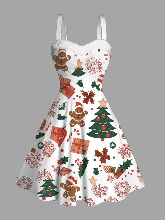 Holiday Couple Outfit Christmas Tree Gingerbread Man Print Faux Fur Dress and Shirt Set - Blanc S | US 4