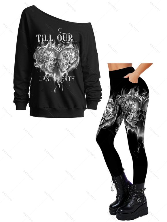 Gothic Outfit Skulls Heart Letter Print Skew Neck Sweatshirt and Leggings Set - Noir S | US 4