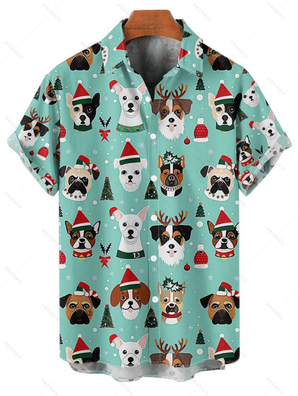 Chemise de vacances pour homme, imprimé chien avec chapeau, sapin de Noël, boutonnée - Turquoise L