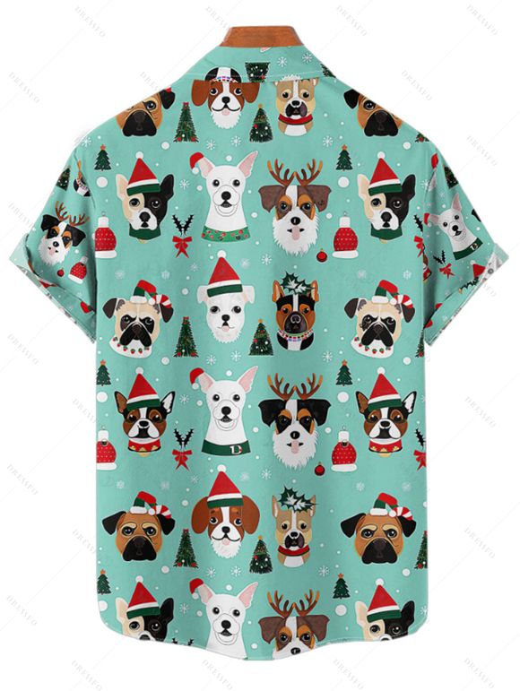 Chemise de vacances pour homme, imprimé chien avec chapeau, sapin de Noël, boutonnée - Turquoise M