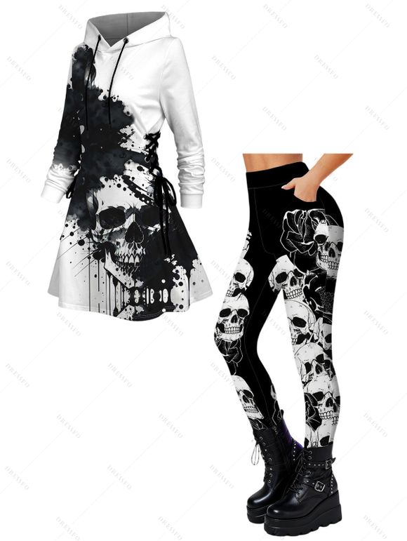 Gothic Women Outfit Skull Splash Ink Print Lace Up Hoodie Dress and Leggings Set - Blanc S | US 4