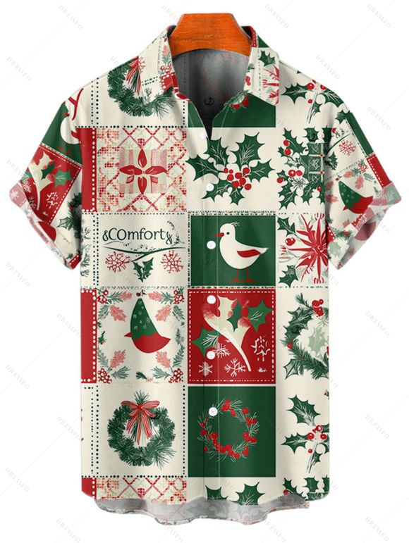 Chemise de vacances pour homme, chemise boutonnée à imprimé couronne d'éléments de Noël - Vert profond L
