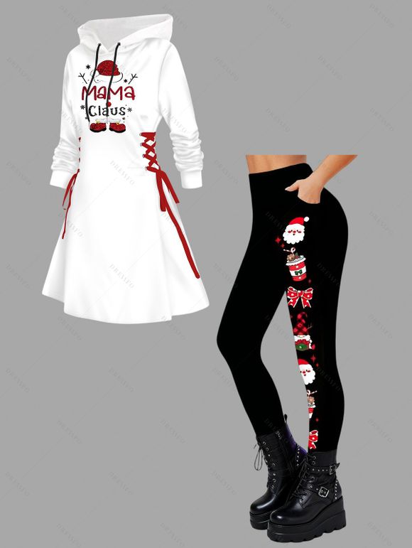 Holiday Women Outfit Christmas Elk Print Hooded Dress and Leggings Set - Blanc S | US 4