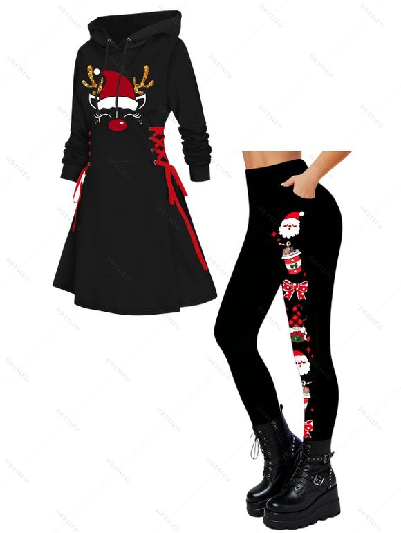Holiday Women Outfit Christmas Elk Print Hooded Dress and Leggings Set - Noir S | US 4