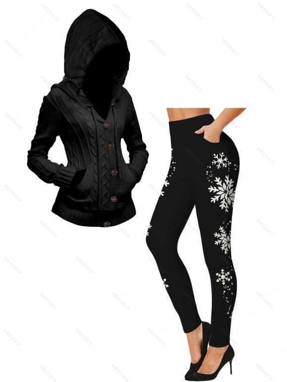 Women Outfit Button Up Cable Knit Hooded Cardigan and Snowflake Leggings Set - Noir S | US 4