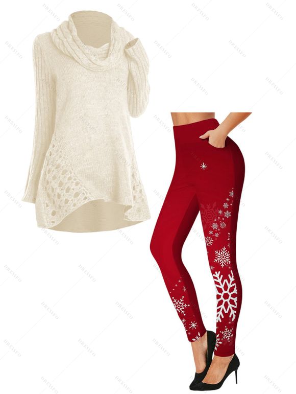 Women Outfit Solid Color Cowl Neck Sweater and Snowflake Legging Set - Beige S | US 4