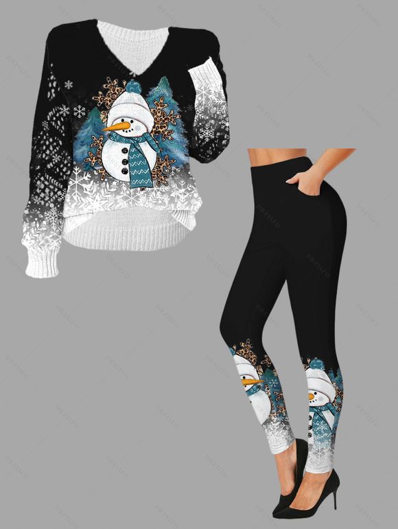 Snowman Snowflake Print Hollow Out Sweater and Leggings Christmas Outfit - Noir S | US 4