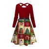 Robe de Noël à imprimé flocon de neige et bonhomme de neige, à blocs de couleurs, avec ceinture croisée - Rouge XXXXXL | US 20