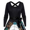 Robe de Noël bonhomme de neige flocon de neige imprimé léopard robe croisée avec ceinture - Noir XXXXXL | US 20