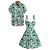Holiday Couple Outfit Dog Hat Christmas Tree Print Faux Fur Dress and Shirt Set - Turquoise S | US 4