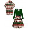 Holiday Couple Outfit Elk Christmas Tree Striped Print Crossover Belt Dress and Shirt Set - Vert profond S | US 4