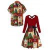 Christmas Couple Outfit Snowflake Snowman Print Crossover Belt Dress and Shirt Set - Rouge S | US 4
