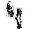 Gothic Women Outfit Skull Splash Ink Print Lace Up Hoodie Dress and Leggings Set - Blanc S | US 4